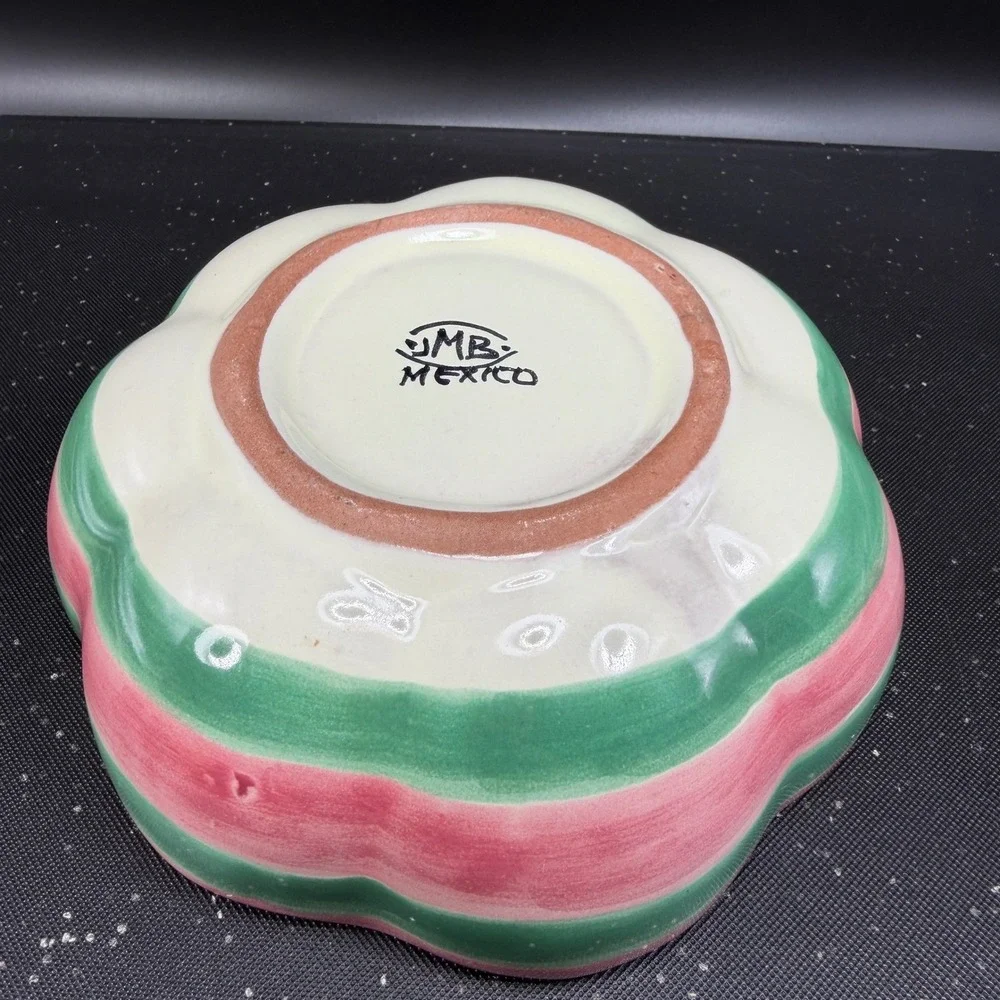 JMB‎ Mexico Hand Painted Ceramic Santa Claus Snow Angel Bowl Pink Green Striped